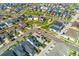 Aerial view of a suburban neighborhood showcasing houses, green spaces, and the property's location on the street at 20998 E 60Th Pl, Aurora, CO 80019