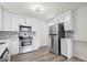 Bright kitchen featuring stainless steel appliances, white cabinetry, and stylish backsplash at 4573 S Acoma St, Englewood, CO 80110
