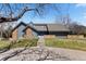 Contemporary home with stone accents, blue front door and lush front lawn at 9505 Poundstone Pl, Greenwood Village, CO 80111