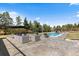 Outdoor pool area with lounge seating, a fire pit, and landscaped backyard at 9505 Poundstone Pl, Greenwood Village, CO 80111