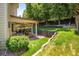 Large backyard boasts a covered patio with ample seating, tiered landscaping and green lawn at 19815 E Progress Ln, Centennial, CO 80015