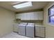 Bright laundry room with white cabinets, sink, washer, and dryer for convenient chores at 870 Homestake Ct, Castle Rock, CO 80108