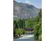 Scenic river view with a pedestrian bridge, surrounded by lush greenery and a mountainous backdrop at 217 Ford St, Golden, CO 80403