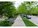 A tree-lined street with lush landscaping and sidewalks for pedestrians at 9165 Kornbrust Dr, Lone Tree, CO 80124
