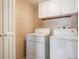 Laundry room includes a washer and dryer set, with white cabinets above for ample storage space at 1050 S Monaco Pkwy # 126, Denver, CO 80224