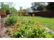 Beautiful backyard with a flower garden and lush green lawn at 11899 Elizabeth Cir, Thornton, CO 80233
