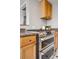 Close-up of a stainless steel range in a functional kitchen with wood cabinets at 2930 S Birch St, Denver, CO 80222