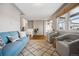 Comfortable living room featuring a blue sofa, gray chairs, and hardwood floors at 2930 S Birch St, Denver, CO 80222