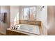 Bathroom showing a modern soaking tub with tile surround and a view of the backyard at 3214 Timeless Trl, Berthoud, CO 80513