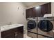 Well-equipped laundry room with modern washer and dryer units, a sink, and cabinetry for storage at 2263 S Loveland St, Lakewood, CO 80228