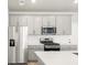 Bright kitchen with stainless steel appliances, white countertops, and modern gray cabinetry at 764 N Tempe St, Aurora, CO 80018