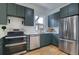 Bright kitchen featuring stylish green cabinets and stainless steel appliances at 4267 Federal Blvd, Denver, CO 80211