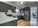 Modern kitchen with stainless steel appliances, trendy cabinets, quartz countertop, and hardwood floors at 4267 Federal Blvd, Denver, CO 80211