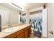 Well-lit bathroom with a vanity, mirror, and a shower featuring a nature-themed curtain at 5660 S Algonquian Way # C, Aurora, CO 80016