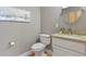 Updated half bathroom with granite countertop and a new white toilet at 1960 Wabash St, Denver, CO 80220