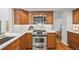 Updated kitchen with stainless steel appliances, sleek countertops, and custom cabinetry at 5991 S Eudora Way, Centennial, CO 80121