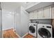 Well-lit laundry area with modern washer and dryer, and built-in cabinetry at 5991 S Eudora Way, Centennial, CO 80121