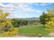 A spacious backyard features a well-maintained lawn, mature trees, and views of rolling hills and mountains at 7930 Alkire St, Arvada, CO 80005