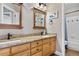 Bathroom featuring a double sink vanity with granite countertops and warm wood cabinetry at 8922 S Tuscany Ln, Highlands Ranch, CO 80130