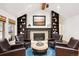 Cozy living room showcasing a decorative fireplace, custom built-ins, and comfortable seating at 10601 E Crestline Ave, Englewood, CO 80111