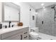 Contemporary bathroom boasts modern fixtures, decorative tiling in shower, and sleek vanity at 7756 S Eaton Park Ct, Aurora, CO 80016