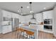 Modern kitchen with stainless steel appliances, white cabinets, an island, and pendant lighting at 8839 Culebra St, Arvada, CO 80007