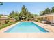 Large backyard swimming pool, surrounded by a spacious patio and lush landscaping at 3025 S Norman Ct, Denver, CO 80224