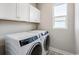 Convenient laundry room with modern appliances, storage cabinets, and a window at 21234 E 63Rd Dr, Aurora, CO 80019