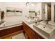 Bright bathroom features a soaking tub, double vanity with square sinks and modern fixtures at 5969 S Humboldt Ct, Centennial, CO 80121