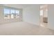 Bright bedroom featuring large windows, neutral carpet, and an adjacent bathroom for added convenience at 305 Welded Tuff Trl, Castle Rock, CO 80104