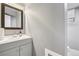 Neutral half-bathroom with vanity, mirror, toilet, and towel rack, plus paint-ready walls at 14791 E Security Pl, Aurora, CO 80011
