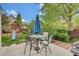 Charming patio with a dining set and umbrella, surrounded by lush greenery and a playset at 10882 Bullock Ct, Parker, CO 80134