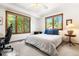 A bedroom with large windows, ceiling fan and mountain views at 6252 King Dr, Evergreen, CO 80439