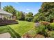 Landscaped backyard features lush green lawn, wood deck with shaded seating, and a variety of flowers at 6839 S Niagara Ct, Centennial, CO 80112