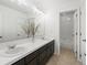 Bathroom features double sinks with dark cabinets and large mirror with vanity lighting at 10730 Hillrose St, Parker, CO 80134