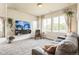 Comfortable living room with a plush couch, large windows, and a mounted TV at 1842 Peak Prairie Ln, Monument, CO 80132