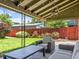 A covered backyard patio with stylish outdoor furniture and a view of the green lawn and landscaped garden at 4250 Wyandot St, Denver, CO 80211