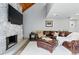 Comfortable living area showcasing leather furniture, a stone fireplace, and recessed lighting for a cozy atmosphere at 2658 S Xanadu Way # B, Aurora, CO 80014