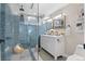 Modern bathroom featuring a glass shower with blue tile, and a double sink vanity at 2391 S Quitman St, Denver, CO 80219