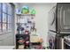 Practical laundry area featuring a modern stacked washer and dryer set, next to the back door at 3081 W 18Th Ave, Denver, CO 80204