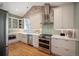 Beautiful kitchen featuring stainless steel appliances, quartz countertops, and brick accent wall at 2300 Jasmine St, Denver, CO 80207