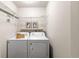 Efficient laundry area with washer, dryer, wire shelving, and decor creating a clean and organized space at 13404 E Jewell Ave # 101, Aurora, CO 80012