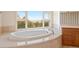 Bright bathroom with a soaking tub by a large window, offering scenic views at 606 Cliffgate Ln, Castle Rock, CO 80108