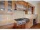 Gourmet kitchen featuring gas range with stainless hood and custom wood cabinets at 606 Cliffgate Ln, Castle Rock, CO 80108