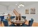 Cozy dining room with a round table, blue chairs, and modern lighting at 1443 S Emporia Ct, Aurora, CO 80247