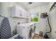 Functional laundry room with modern washer and dryer, white cabinets, and ample natural light at 12951 Vallejo Cir, Denver, CO 80234