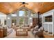 Inviting living room features a wood ceiling, stone fireplace, and large windows offering stunning views at 510 Hill Dr, Sedalia, CO 80135