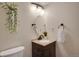 Bathroom featuring a vanity with a brown cabinet, a framed mirror, and greenery decor at 9160 E Arbor Cir # F, Englewood, CO 80111