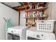 Stacked washer and dryer and adjacent shelving units stocked with supplies at 14093 E Radcliff Cir, Aurora, CO 80015