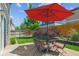 Private backyard with a stone patio, outdoor seating, lush lawn, and fence at 7342 S Mobile St, Aurora, CO 80016
